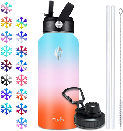 Elvira 32oz Vacuum Insulated Stainless Steel Water Bottle with Straw & Spout Lids, Double Wall Sweat-Proof BPA Free to Keep Beverages Cold for 24Hrs or Hot for 12Hrs