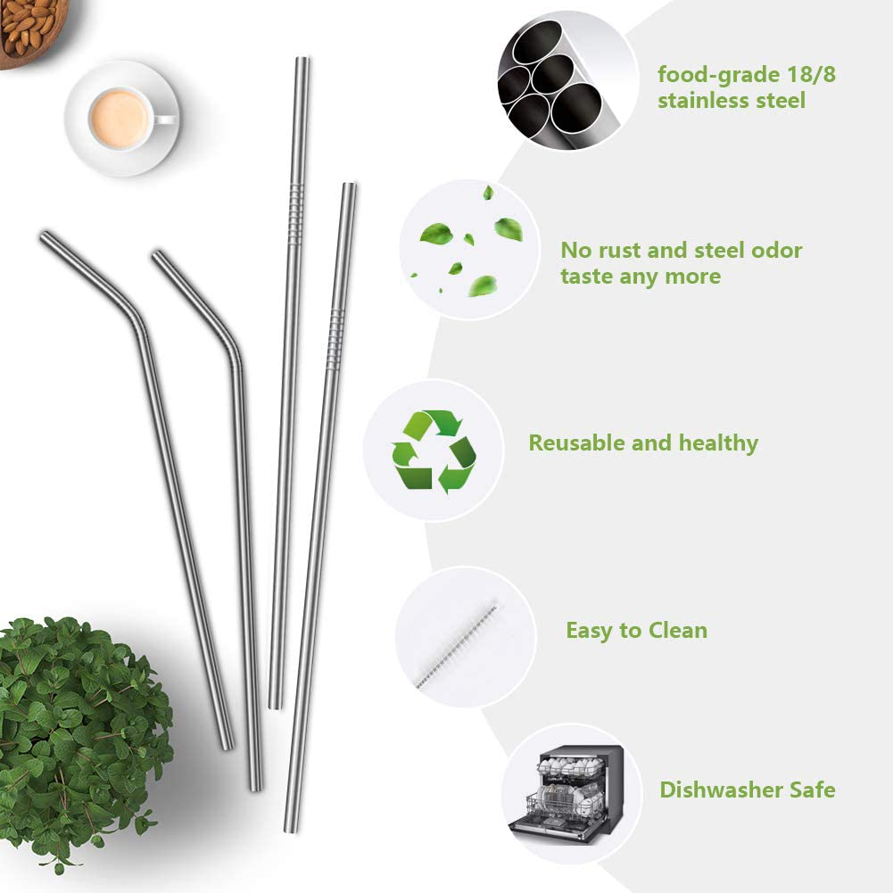 YIMICOO 4PCS Reusable Metal Straws,8.5" Stainless Steel Straws with Case -Cleaning Brush for 20/30 Oz for Tumblers (Silver)
