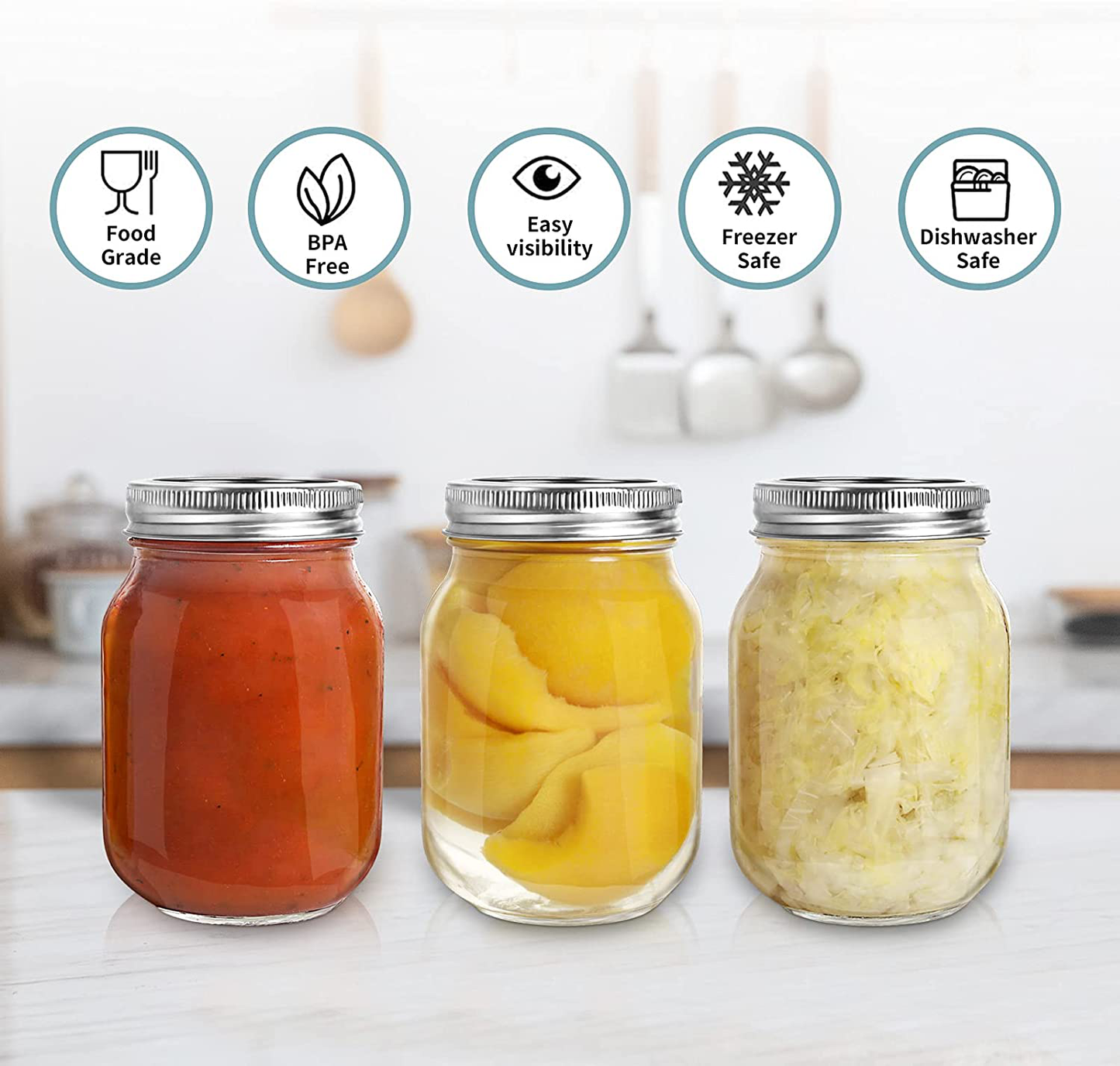 Mason Jars 16 OZ, AIVIKI Glass Regular Mouth Canning Jars with Silver Metal Airtight Lids and Bands for Canning, Jam, Honey, Wedding Favors, Shower Favors, Baby Foods, Food Storage, Overnight Oats, Dry Food, Snacks, Candies, 12 Pack 12 Whiteboard Labels