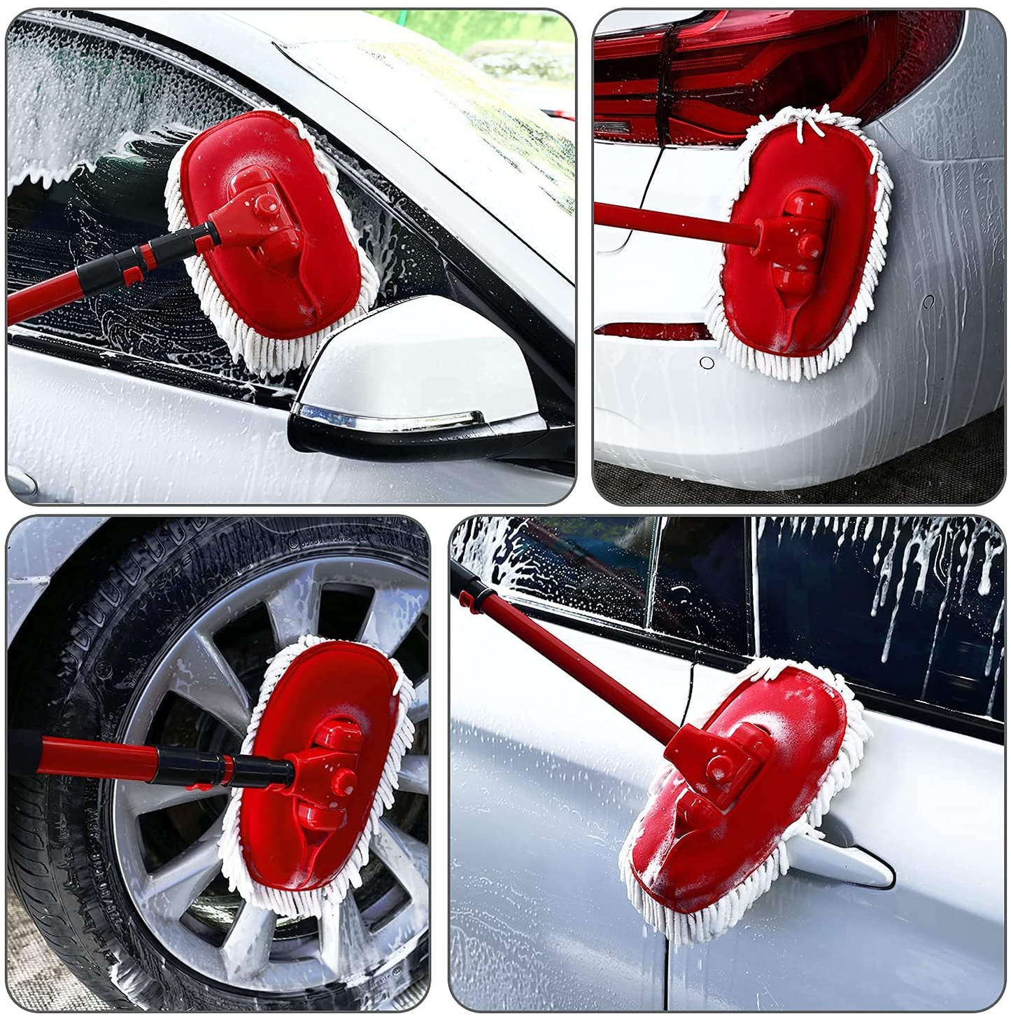 MS MASTER SHOW Car Wash Brush Mop with 2 Pcs Microfiber Mop Mitt Labor-Saving Curve Design Car Cleaning Supplies Kit Extendable Scratch-Free Car Wash Mop Thickened Aluminum Alloy Rod