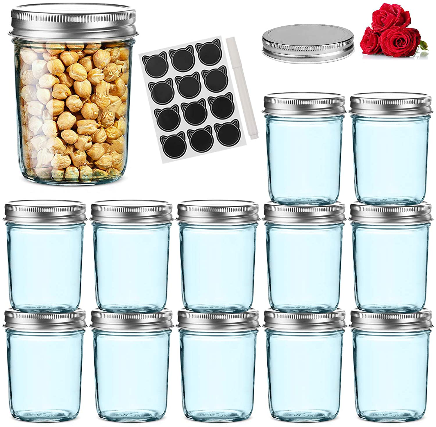 LovoIn 12 Pack 12 oz Glass Jars with Silver Metal Airtight Lids, Fashioned Mason Jars for Jams, Jellies, Fruit Syrups, Body Milk, Pizza Sauce - Blue