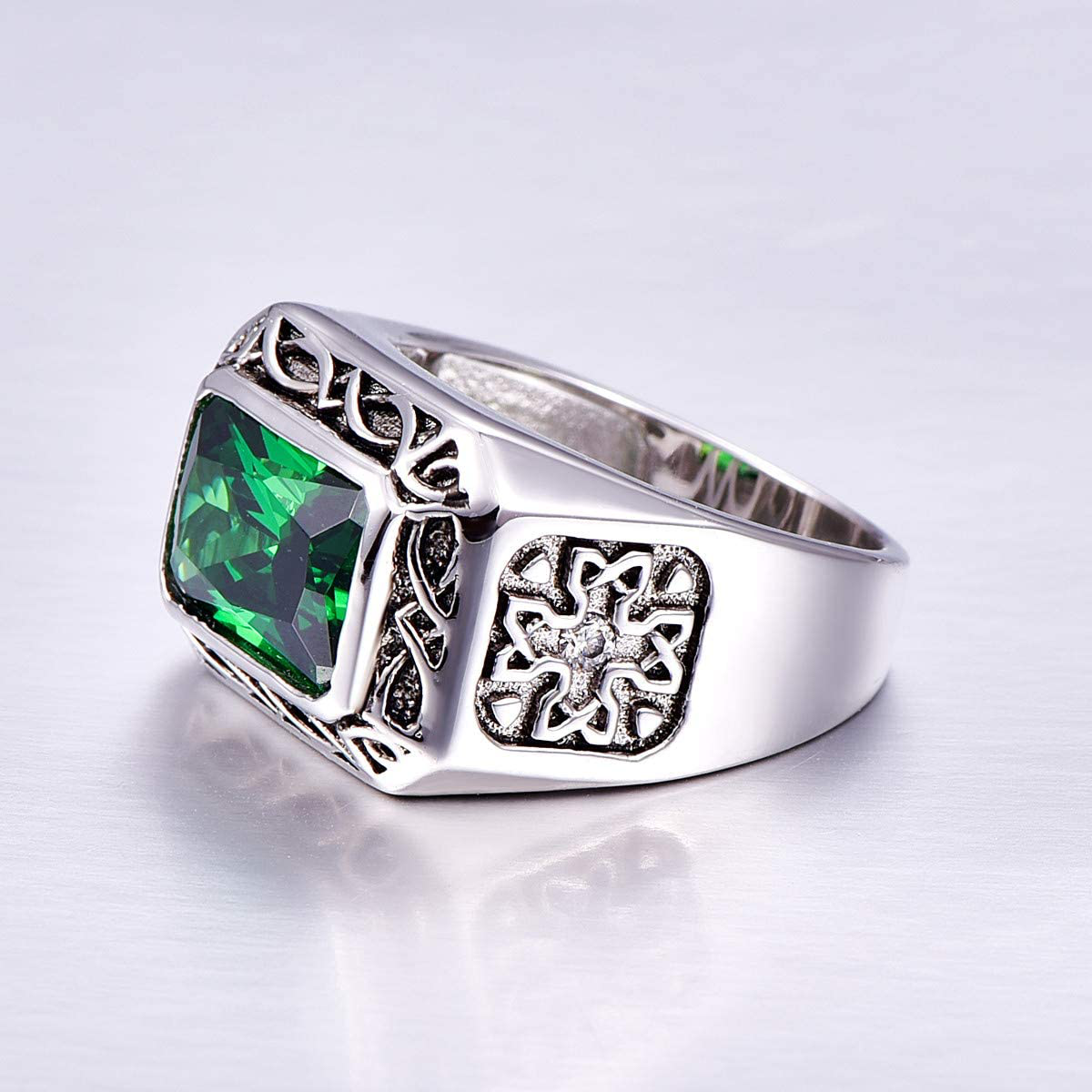 Silver Rings for Men 6.85Ct 8X12Mm Radiant Cut Created Emerald 925 Sterling Silver Wedding Engagement Band Size 6-14