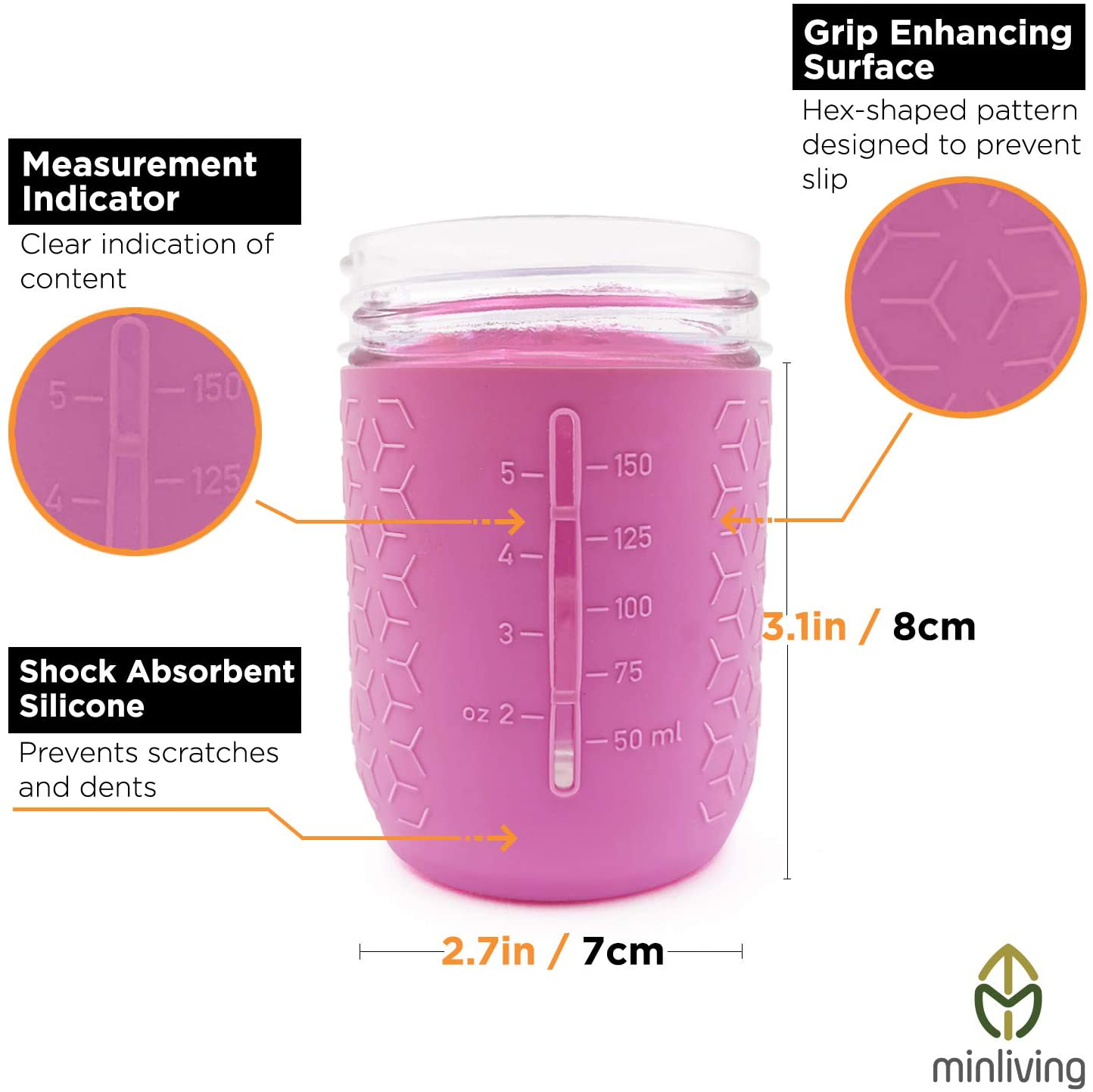 minliving Silicone Mason Jar Protector Sleeve 8oz (Half Pint) Fits Ball, Kerr Regular-Mouth Jars, Kids Cup Holder (Violet, 1) Jar not included previously known as HallGEMs