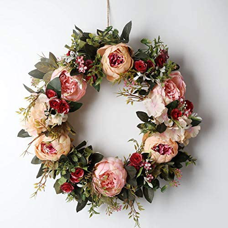 Peony Spring Wreath for Front Door, Handmade Pink Floral Wreath Artificial Spring Garland Wreath for Front Door Wall Wedding Party Home Deco