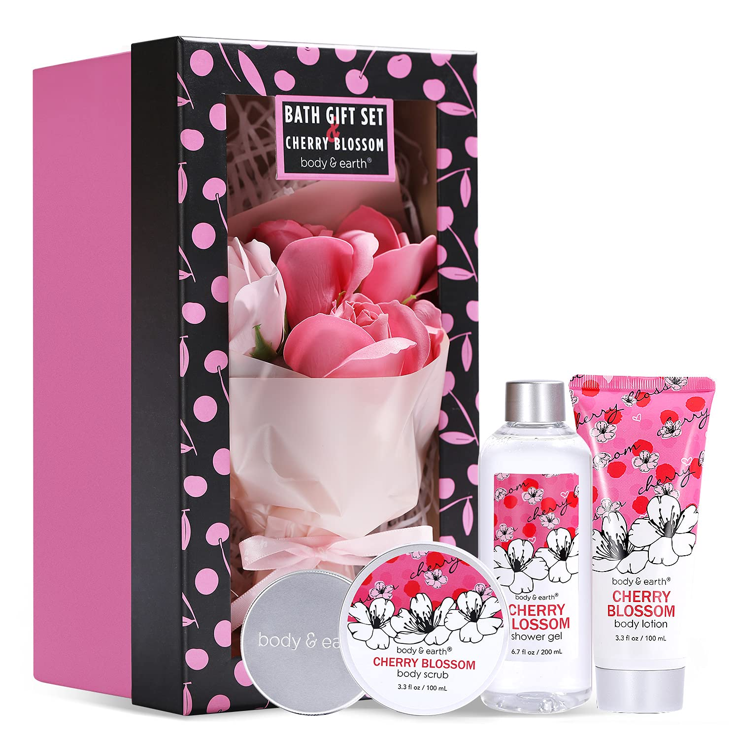 Bath and Body Gift Set for Women - Cherry Blossom Scent with Double-Layer Spa Gift Box, 5 Piece Home Spa Set Includes Shower Gel, Body Scrub, Body Lotion, Hand Soap, Rose Flower, Bath Set Gift for Her