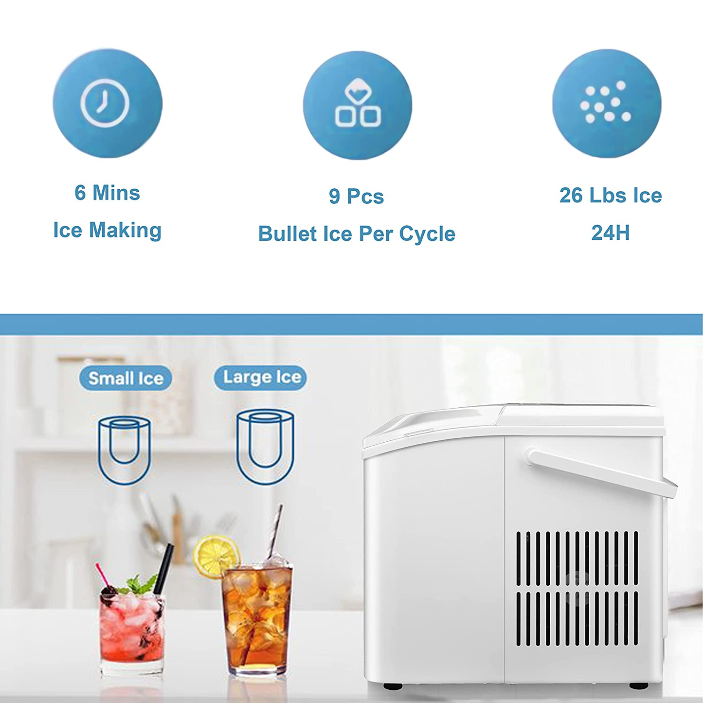 Ice Maker Machine Countertop, 9 Cubes Ready in 6 Mins,27Lbs/24Hrs,2 Sizes of Bullet Ice.Self-Cleaning Ice Machine with Ice Scoop and Basket,For Home Kitchen,Office,Bar & Party