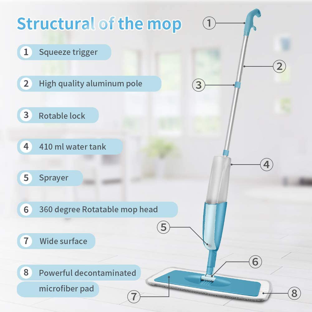 MEXERRIS Microfiber Spray Mop for Floor Cleaning Wet Dry, 360 Degree Spin Microfiber Dust Kitchen Mop with 410ML Refillable Bottle Include 3 Microfiber Reusable Pads and 1 Scrubber
