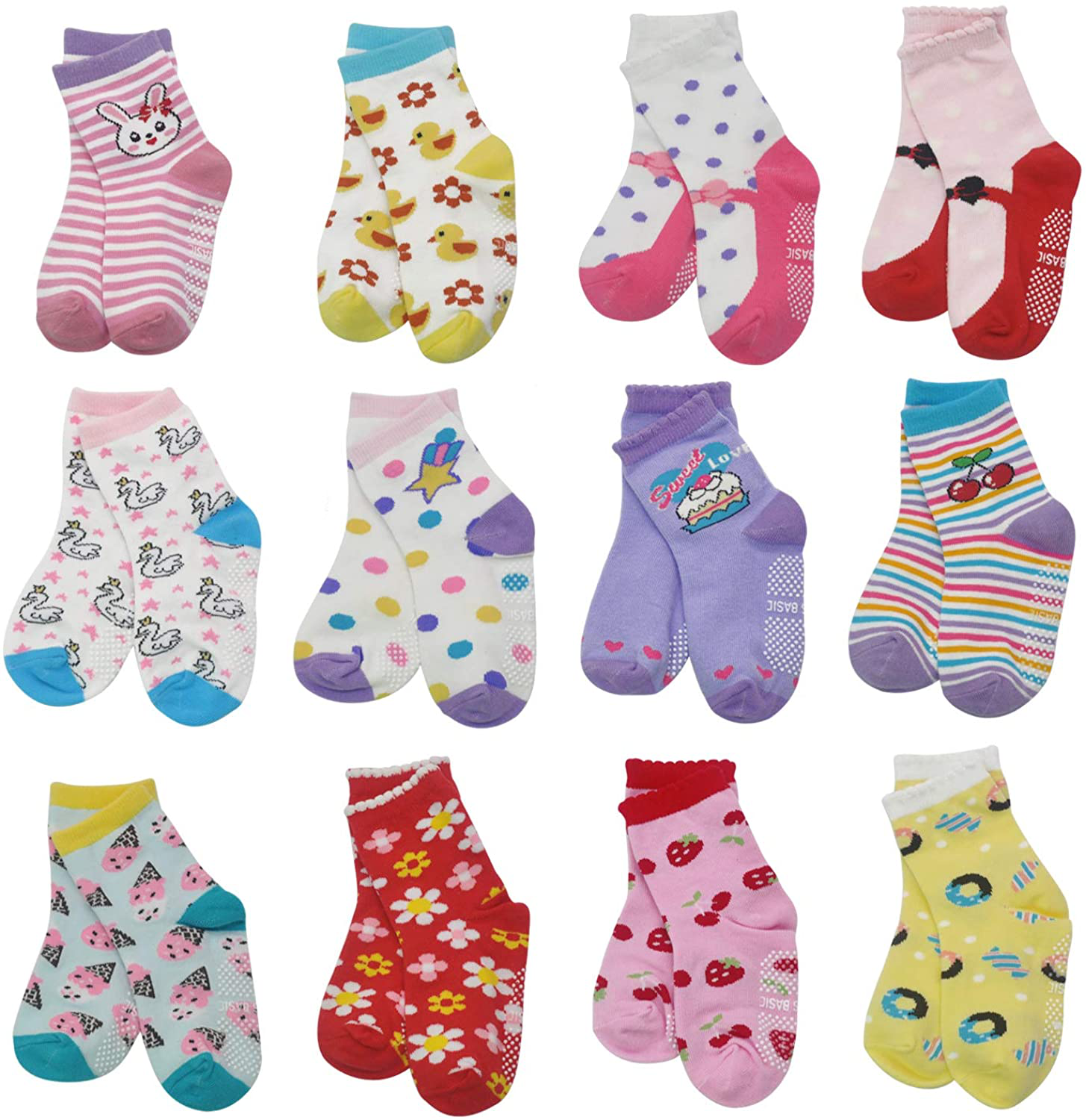 12 Pairs Kids Non Slip Skid Socks Grips Sticky Slippery Cotton Crew Socks for 1-3/3-5/5-7 Years Old Children Youth Boy Girl