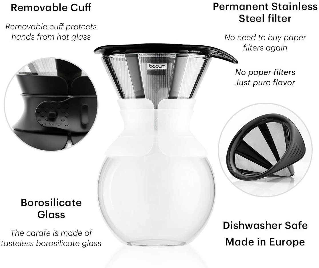 Bodum Pour Over Coffee Maker with Permanent Filter, 1 Liter, 34 Ounce, Black Band