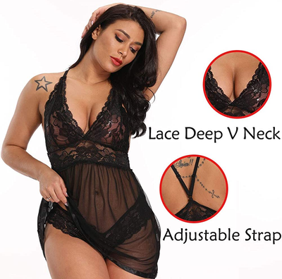 Sexy Lingerie for Women - Sexy Lingerie V Neck Exotic Sleepwear Lace Babydoll Chemise Halter Lingerie S-2XL