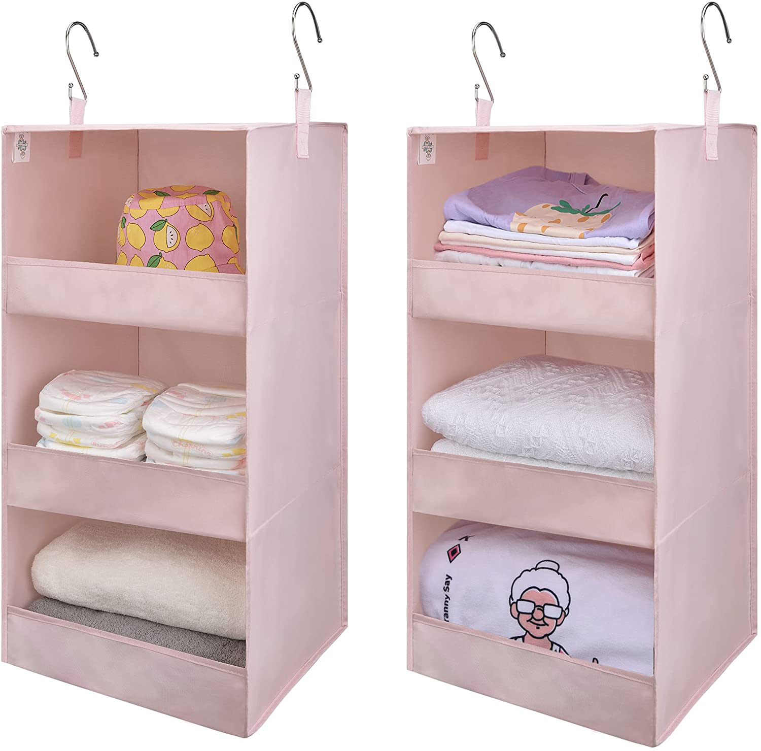 GRANNY SAYS 3-Shelf Hanging Closet Organizers, Foldable Closet Hanging Shelves, Nursery Hanging Organizers, Pink, 28.9" H X 12.2" W X 12.2" D, 2-Pack