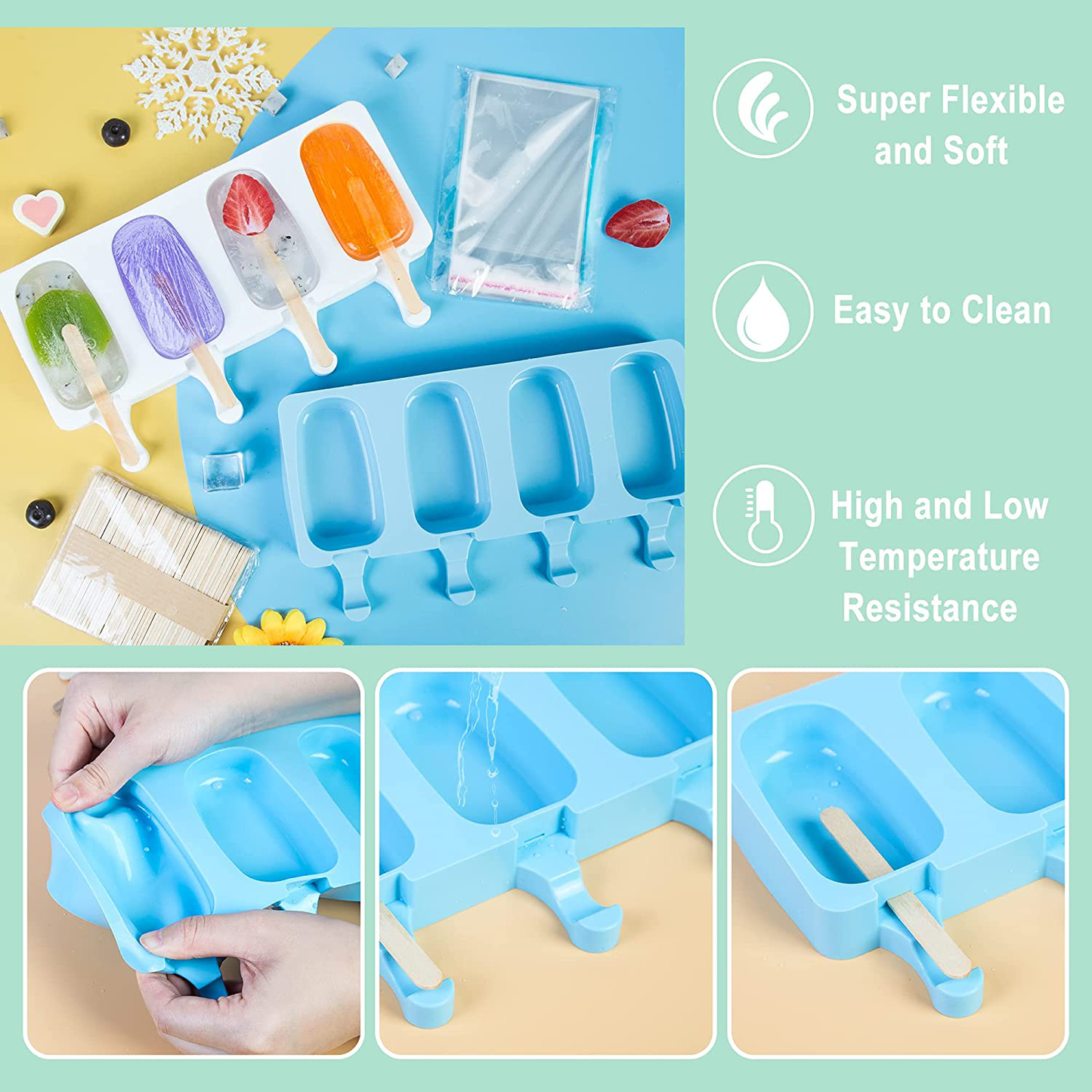 Ouddy Upgrade 2 Pack Large Popsicle Molds, Ice Cream Mold & Silicone Cakesicle Molds with 50 Wooden Sticks & 30 Popsicle Bags for DIY Ice Pop and Cake