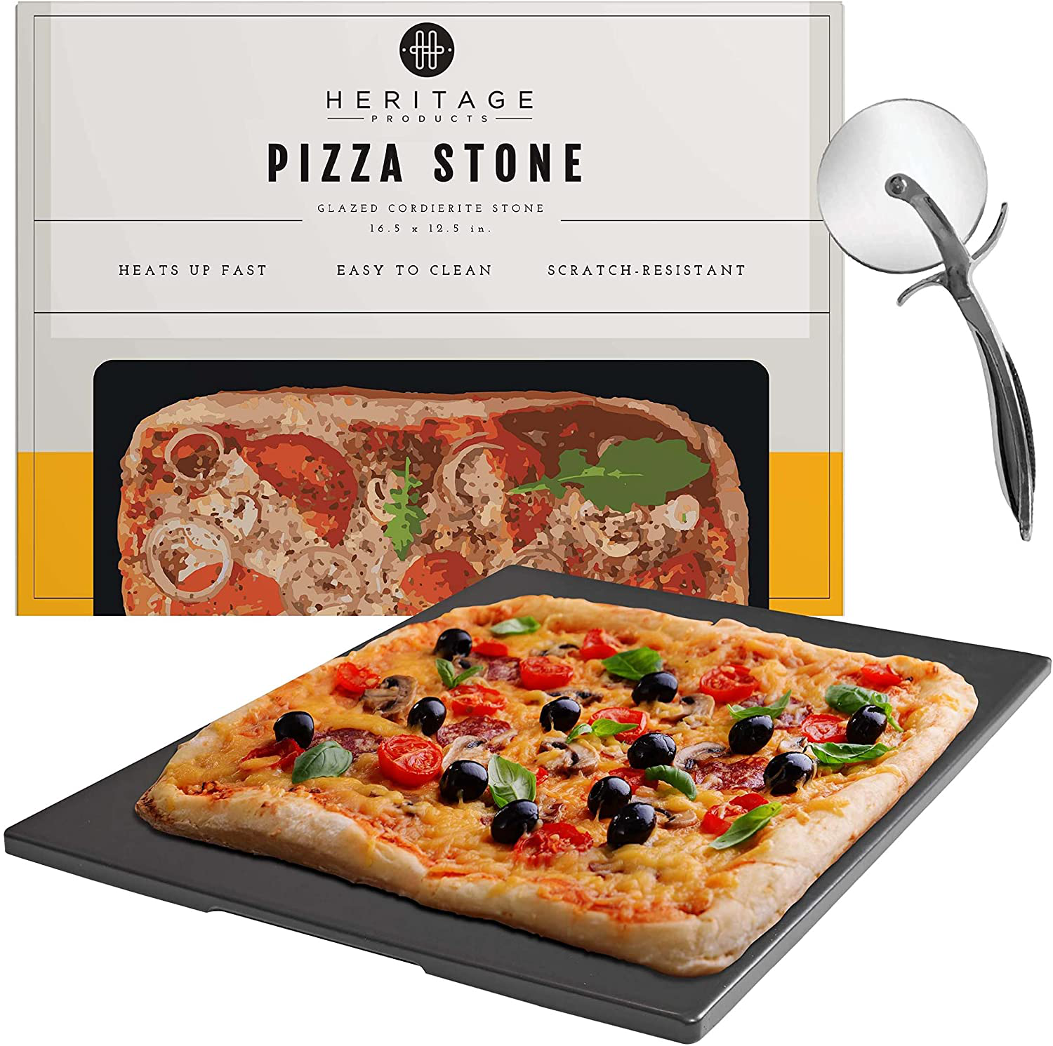 Heritage Pizza Stone, 15 Inch Ceramic Baking Stones for Oven Use - Non-Stick, No Stain Pan & Cutter Set for Gas, BBQ & Grill - Kitchen Accessories & Housewarming Gifts W/ Bonus Pizza Wheel - Black