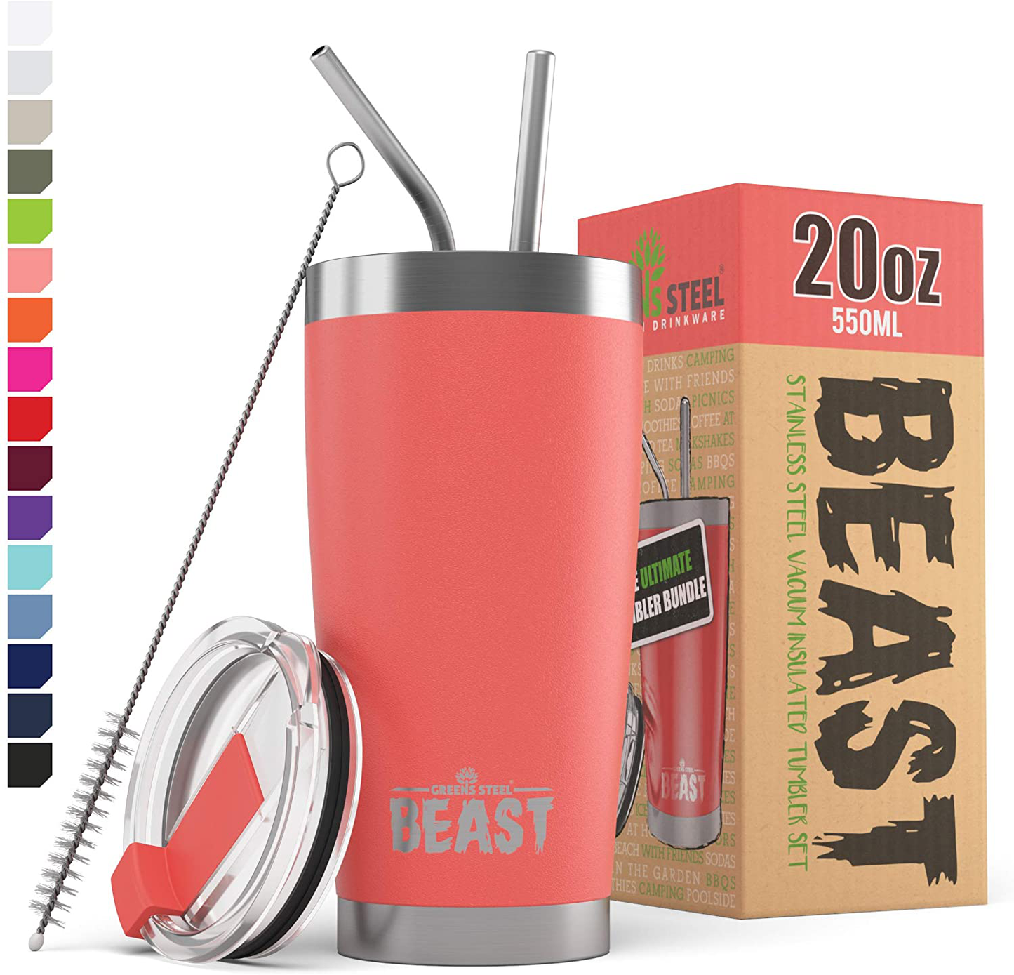 Insulated Stainless Steel Coffee Cup with Lid, 2 Straws & Brush by Greens Steel