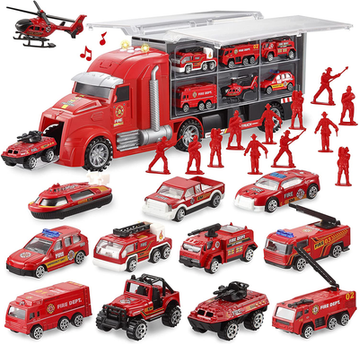 14 in 1 Fire Truck Vehicle Toy Set with Sounds and Lights, Fire Engine Vehicles in Carrier Truck, Mini Rescue Emergency Fire Truck Car Toy, Birthday Gifts for Over 3 Years Old Boys