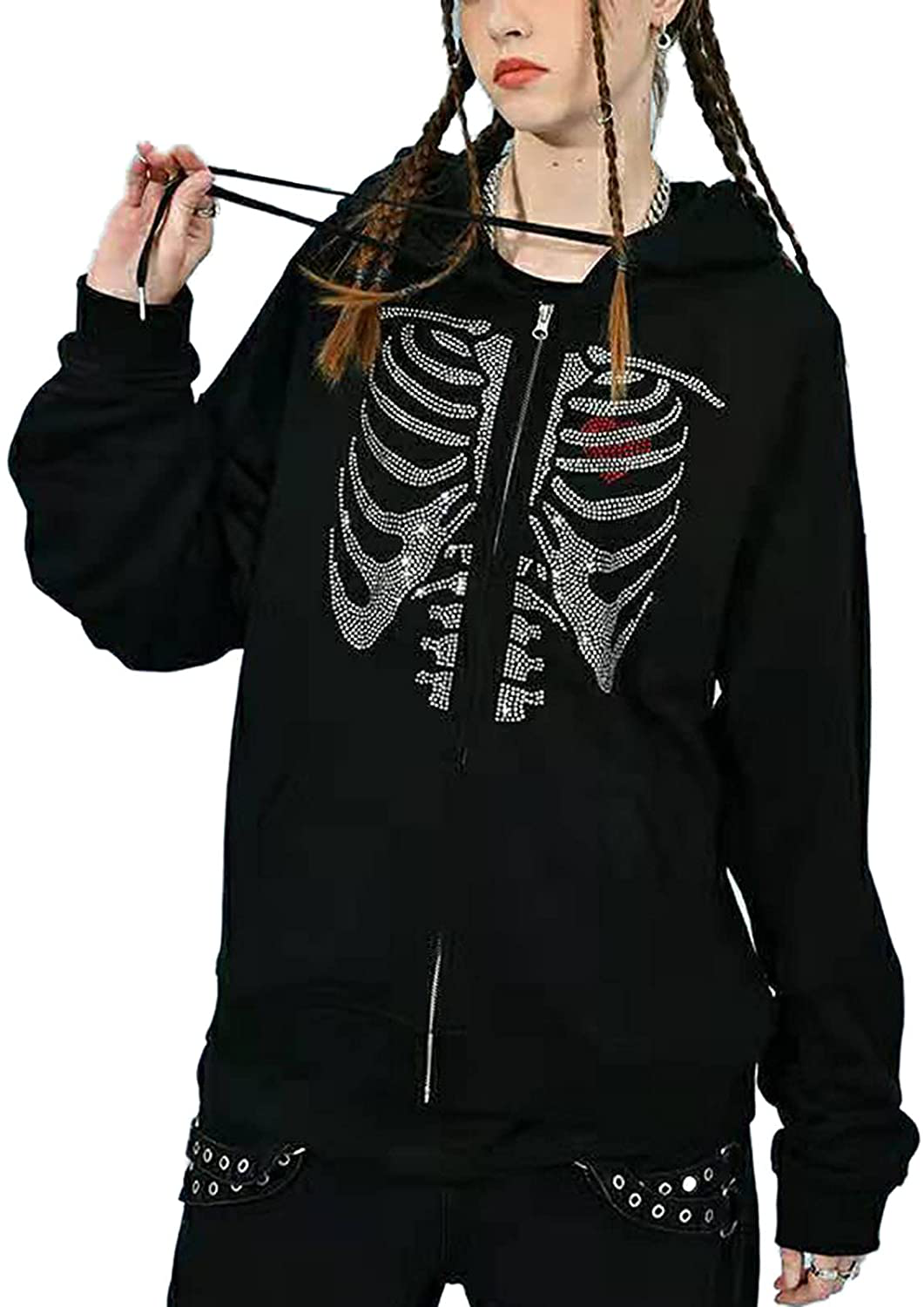 Women Graphic Jacket Oversized Skeleton Skull Angel Dark Print Zip Up Hoodie Y2k 90s Streetwear Halloween Coat