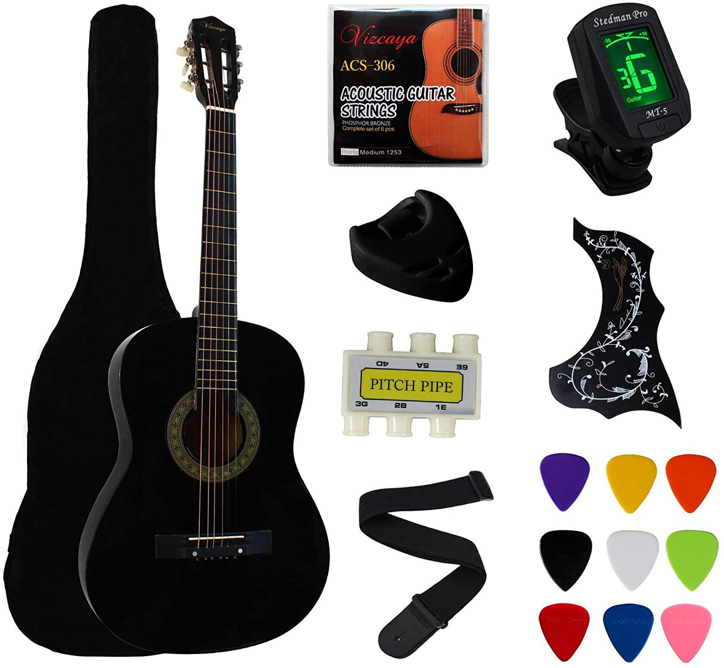 YMC 38" Black Beginner Acoustic Guitar Starter Package Student Guitar with Gig Bag,Strap, 3 thickness 9 picks,2 Pickguards,Pick Holder, Extra Strings, Electronic Tuner -Black