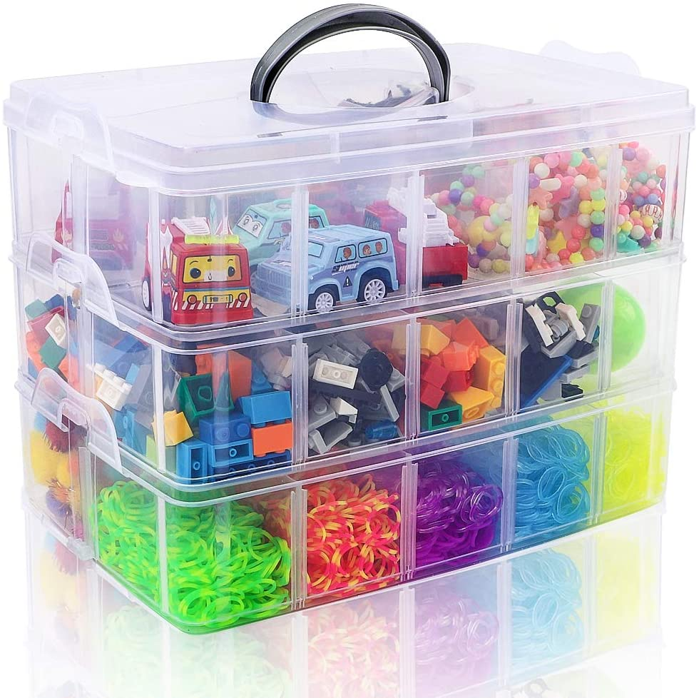 SGHUO 3-Tier Stackable Storage Container Box with 30 Compartments, Plastic Organizer Box for Arts and Crafts, Toy, Fuse Beads, Washi Tapes, 9.5X6.5X7.2Inch