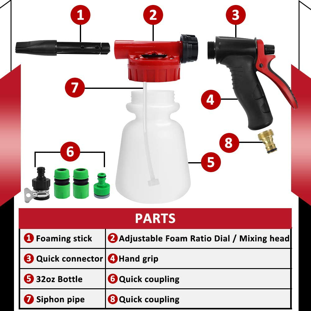 Ordenado Car Wash Foam Gun, Adjustable Hose Wash Sprayer & Ratio Dial/Snow Foam Blaster with Thick Suds -Foam Cannon for Car Home Cleaning and Garden Use with Quick Connector to Any Garden Hose