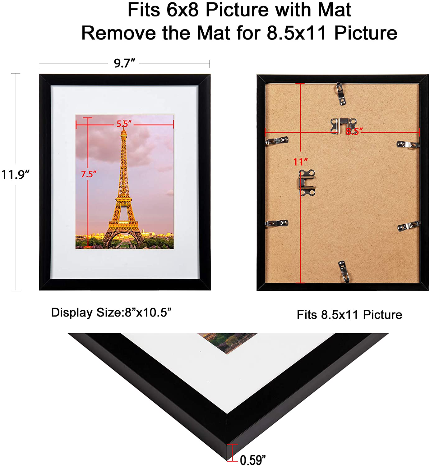 upsimples 8.5x11 Picture Frame Set of 3,Made of High Definition Glass for 6x8 with Mat or 8.5x11 Without Mat,Wall Mounting Photo Frame Red Brown