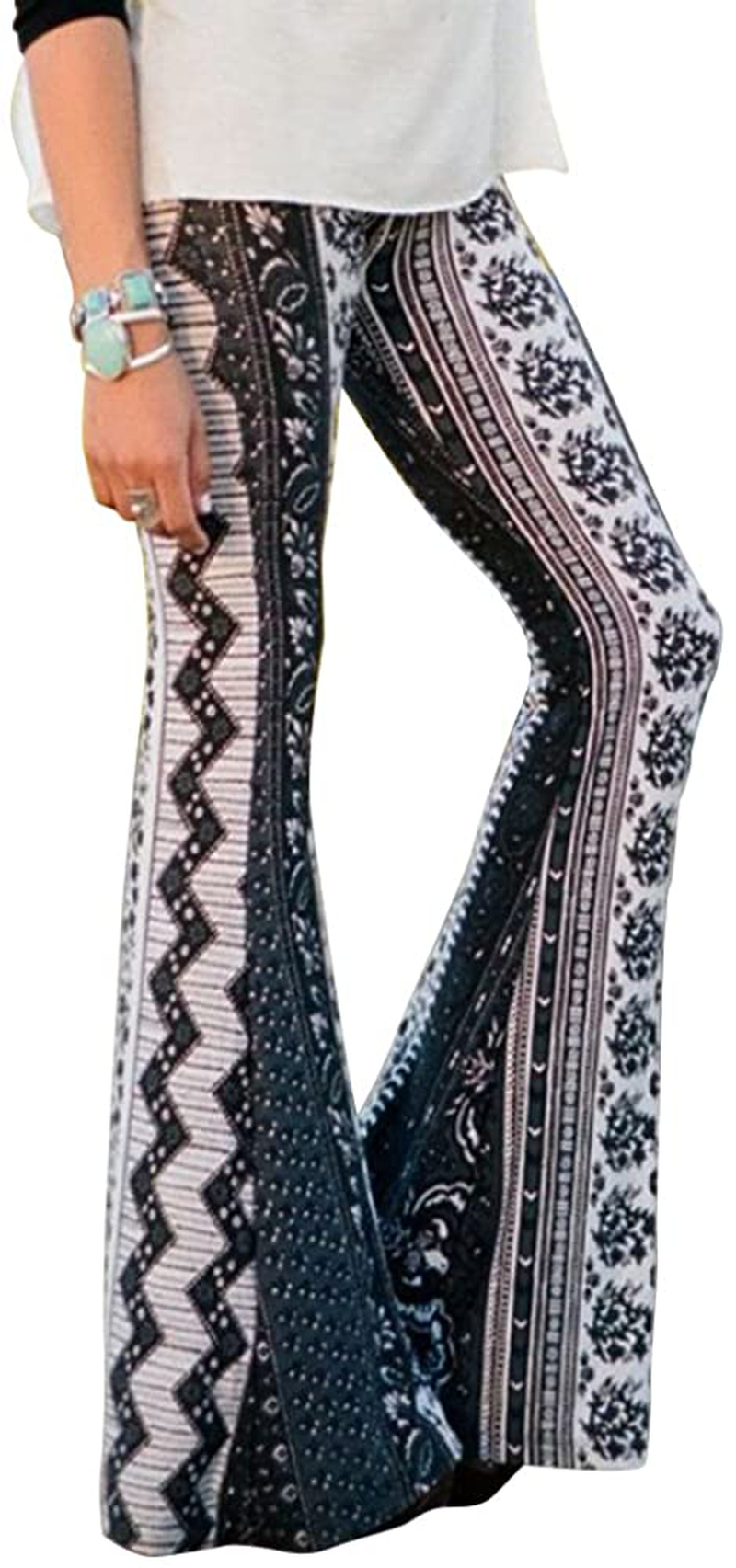 Women High Waist Stretchy Bell Bottom Leggings Retro Floral Flare Palazzo Pant Trousers