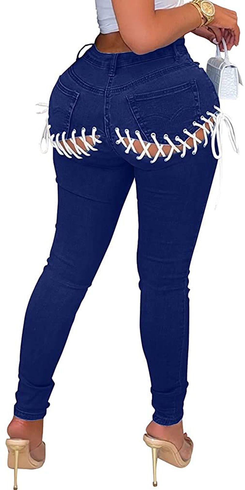 XXTAXN Women's Elastic High Waisted Skinny Ripped Lace Up Adjustable Jeans with Pockets