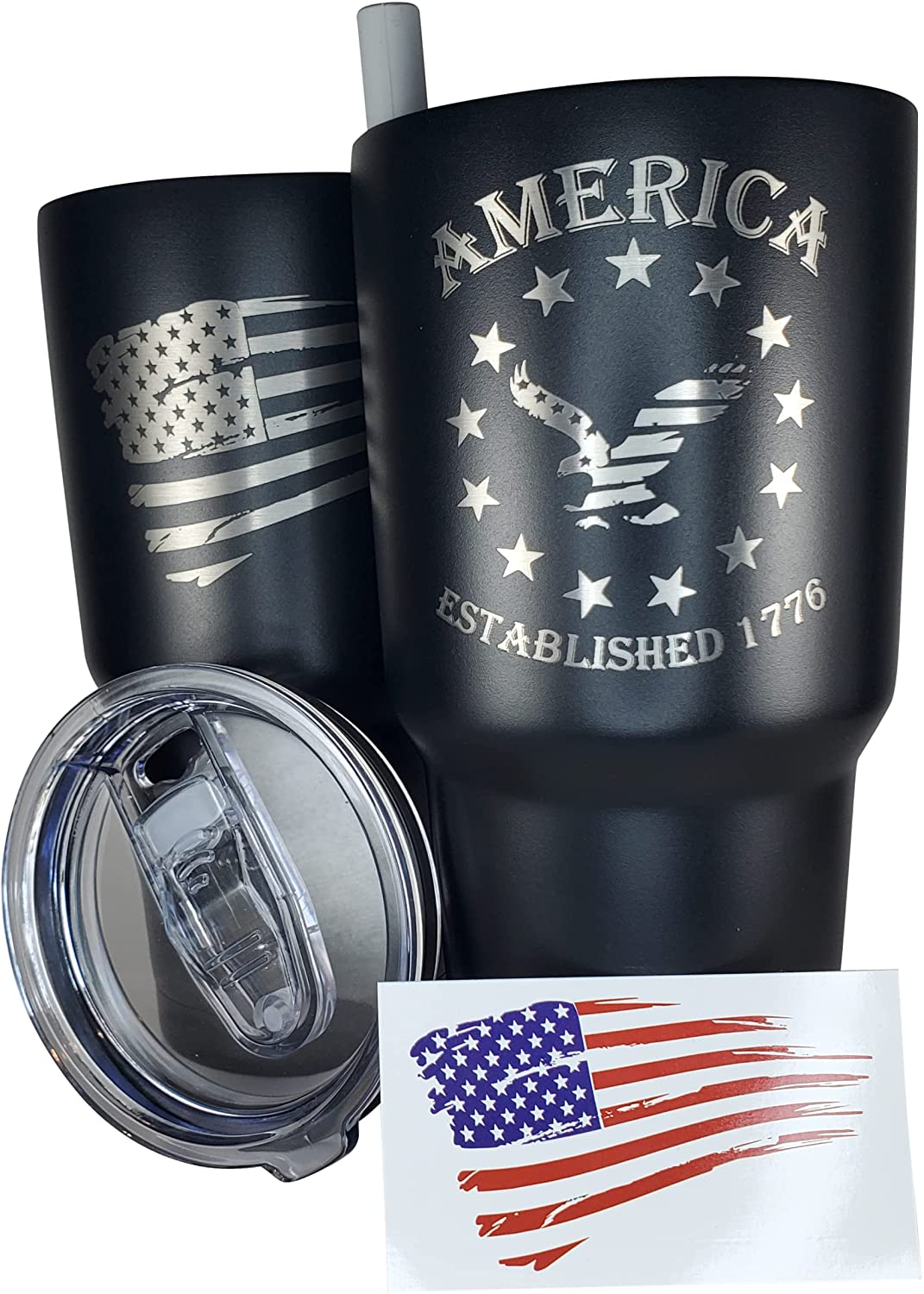 30Oz Army Veteran Tumbler - Double Insulated - with Silicone Straw and USA Sticker (Army Veteran)