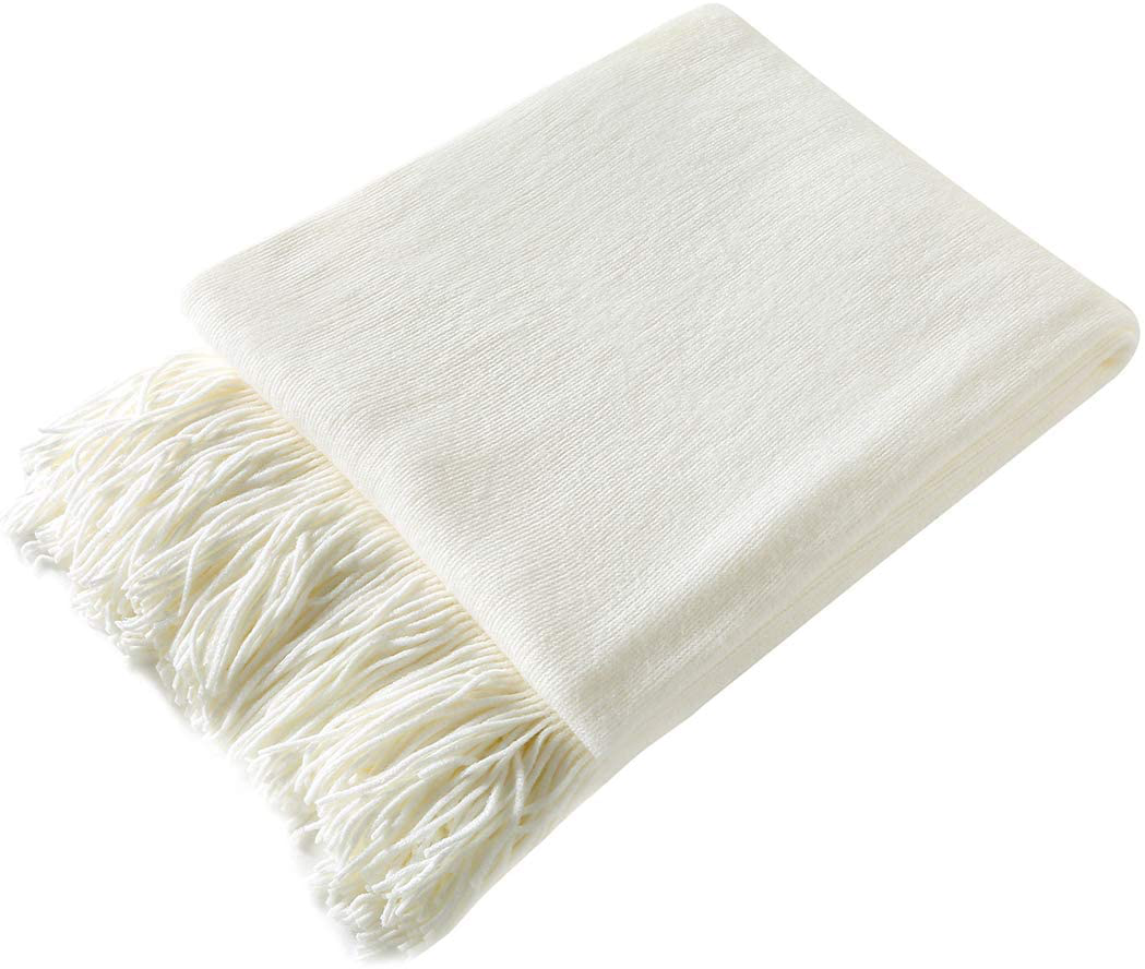 Homiest Decorative Knitted Throw Blanket with Fringe Soft & Cozy Tassel Blanket for Couch Sofa Bed (Ivory,50x60)