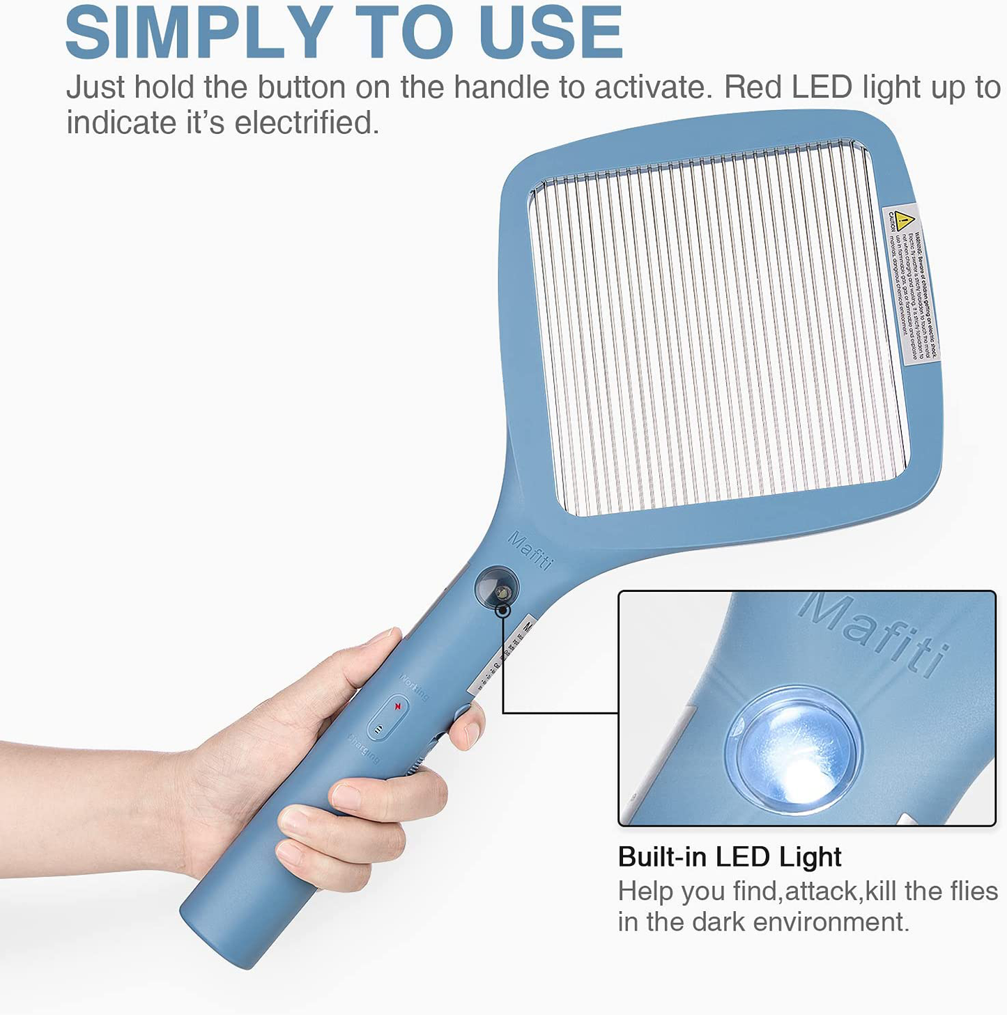 mafiti Electric Fly Swatter, Mosquito Zapper, Bug Zapper Racket Fly Killer Indoor Outdoor, Rechargeable, Light, Pest Control, Camping Accessories (Blue)