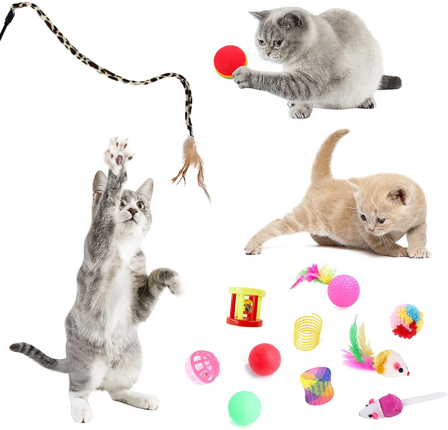 22PCS Rainbow Interactive Cat Toys Cats Tunnel with Bell Mouse Ball Crinkle Feather String, Kitten Toys for Indoor Cats Pet Puppy, Kitty Toy Set for Cat Hiding Hunting and Training