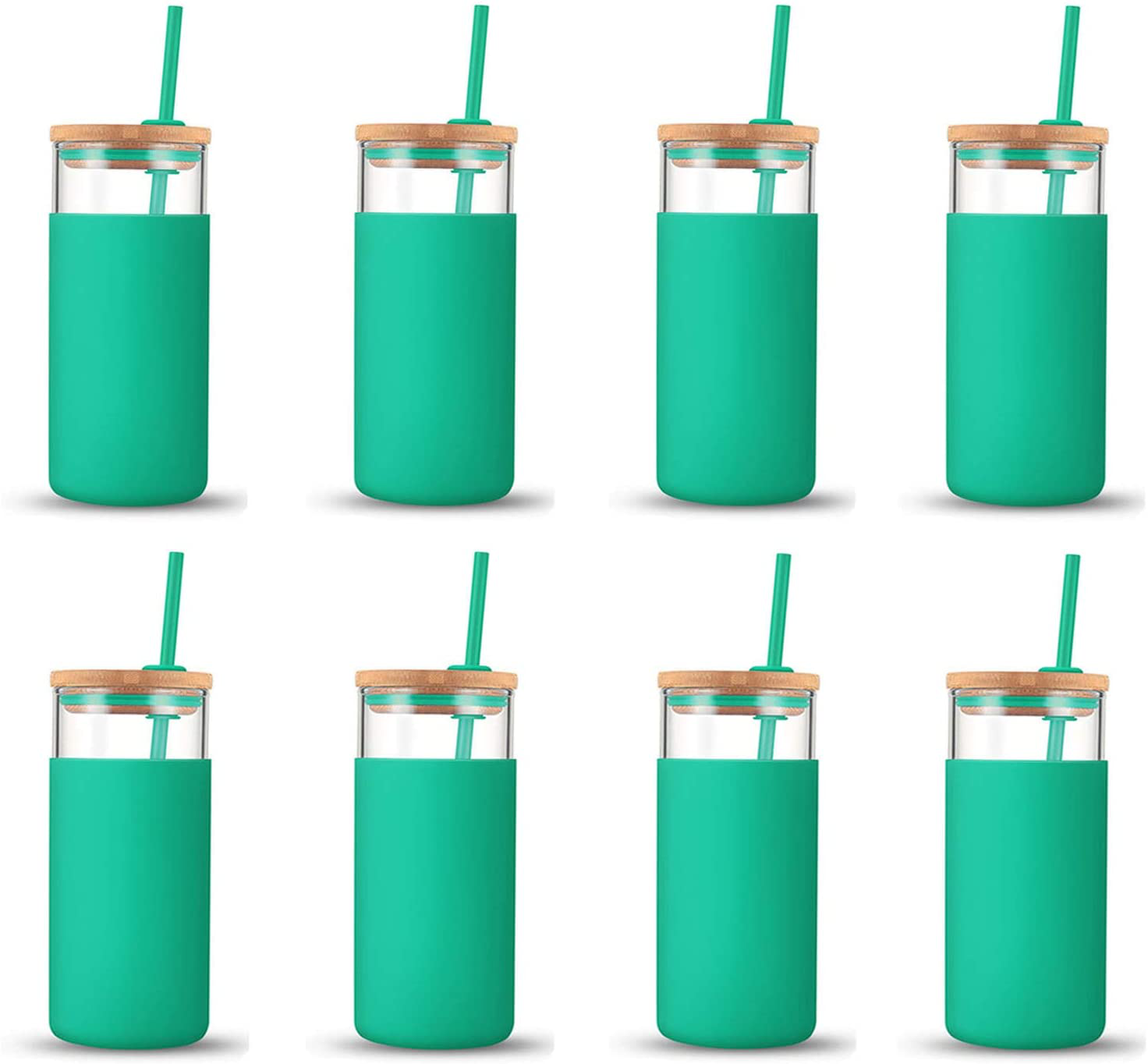 tronco 20oz Glass Tumbler Glass Water Bottle Straw Silicone Protective Sleeve Bamboo Lid - BPA Free (Gress/ 8-Pack)