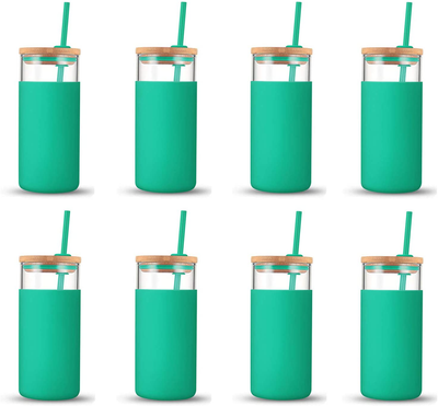 tronco 20oz Glass Tumbler Glass Water Bottle Straw Silicone Protective Sleeve Bamboo Lid - BPA Free (Gress/ 8-Pack)