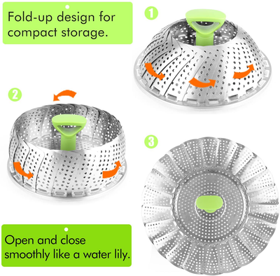 Steamer Basket Stainless Steel Vegetable Steamer Basket Folding Steamer Insert for Veggie Fish Seafood Cooking, Expandable to Fit Various Size Pot (6.4" to 10")