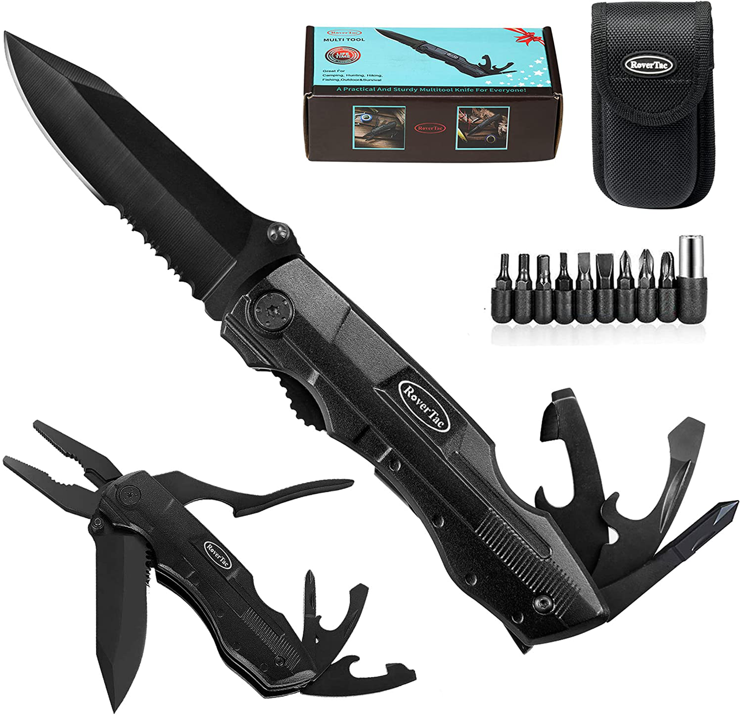 RoverTac Pocket Knife Folding Knife Multitool Knife with Pliers Screwdrivers Bottle Opener Safety Lock Durable Sheath Perfect for Camping Fishing Hiking Outdoor Unique Gifts for men women