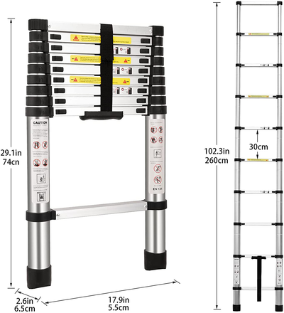 (8.5Ft/2.6M) Telescoping Ladders，En131Standards Multi-Purpose Folding Aluminum Extension Ladder