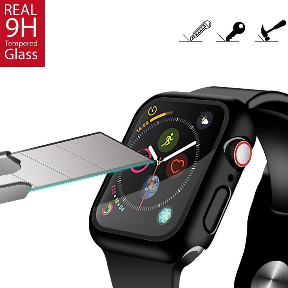 [2 Pack] Compatible for Apple Watch 44Mm Series 6 / SE/ Series 5 /Series 4 Tempered Glass Screen Protector with Black Bumper Case, YMHML Full Coverage Easy Installation Bubble-Free Cover for Iwatch Accessories