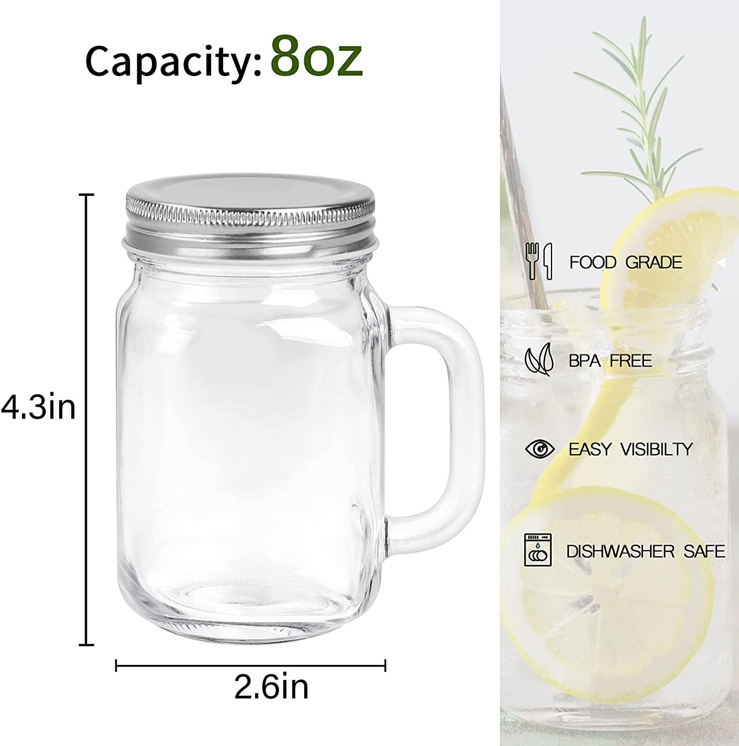 16 oz Glass Mason Jars With Handle, 500 ml Drinking Mugs with Regular Mouth Lids,Set of 9, Perfect Drinking Jars for Jam, Honey, Tea, Juice, Milk. Included 1 Pens and 20 Labels.