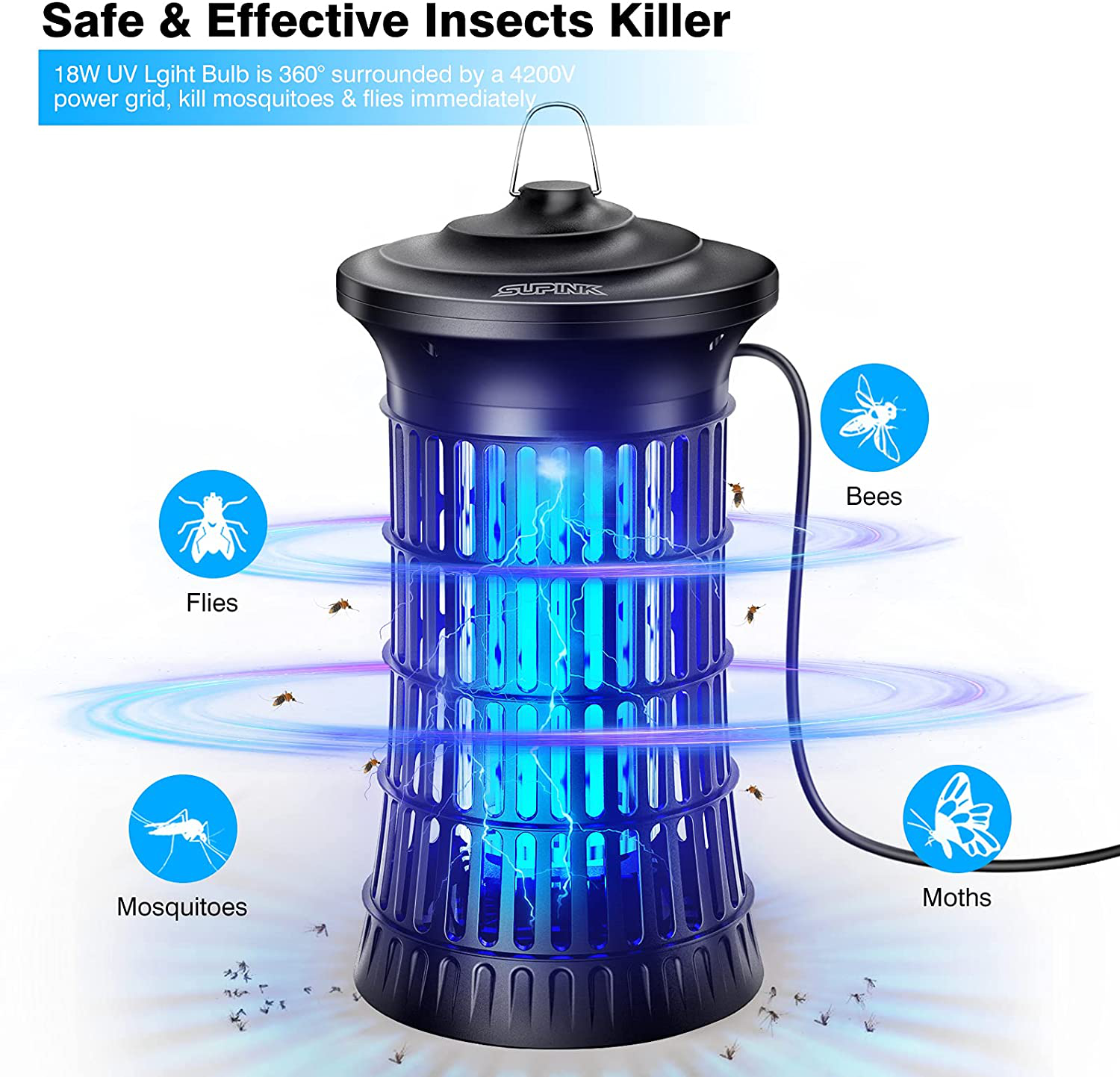 Supink Bug Zapper Indoor Outdoor Waterproof, Electric Mosquito Zapper Fly Insect Killer Lamp 4200V High Powered Mosquito Traps for Home, Garden, Backyard, Patio