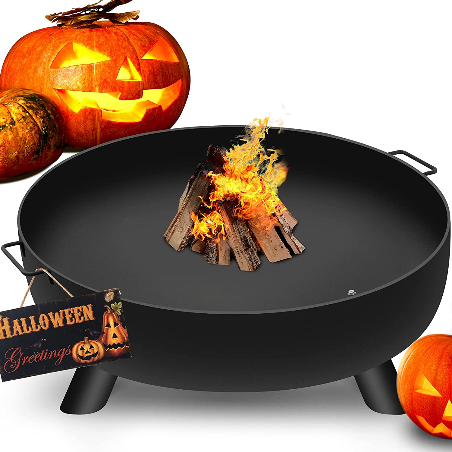 Amagabeli Fire Pit Outdoor Wood Burning Cast Iron Fire Bowl 39in with A Drain Hole Fireplace Extra Deep Large Round Outside Backyard Deck Camping Beach Heavy Duty Metal Grate Rustproof Black