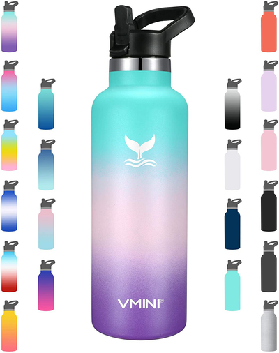 Vmini Water Bottle - Standard Mouth Stainless Steel & Vacuum Insulated Bottle, New Straw Lid with Wide Handle, Gradient Mint+Pink+Purple & 22 oz