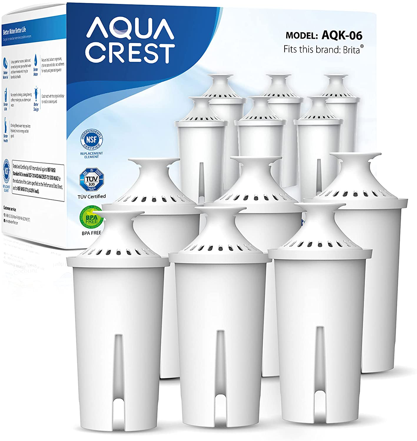 Replacement for Brita Pitchers & Dispensers, NSF, TÜV SÜD Certified Pitcher Water Filter, 1 Year Filter Supply, Compatible with Brita Classic OB03, Mavea 107007, and More, by AQUA CREST (6 Packs)