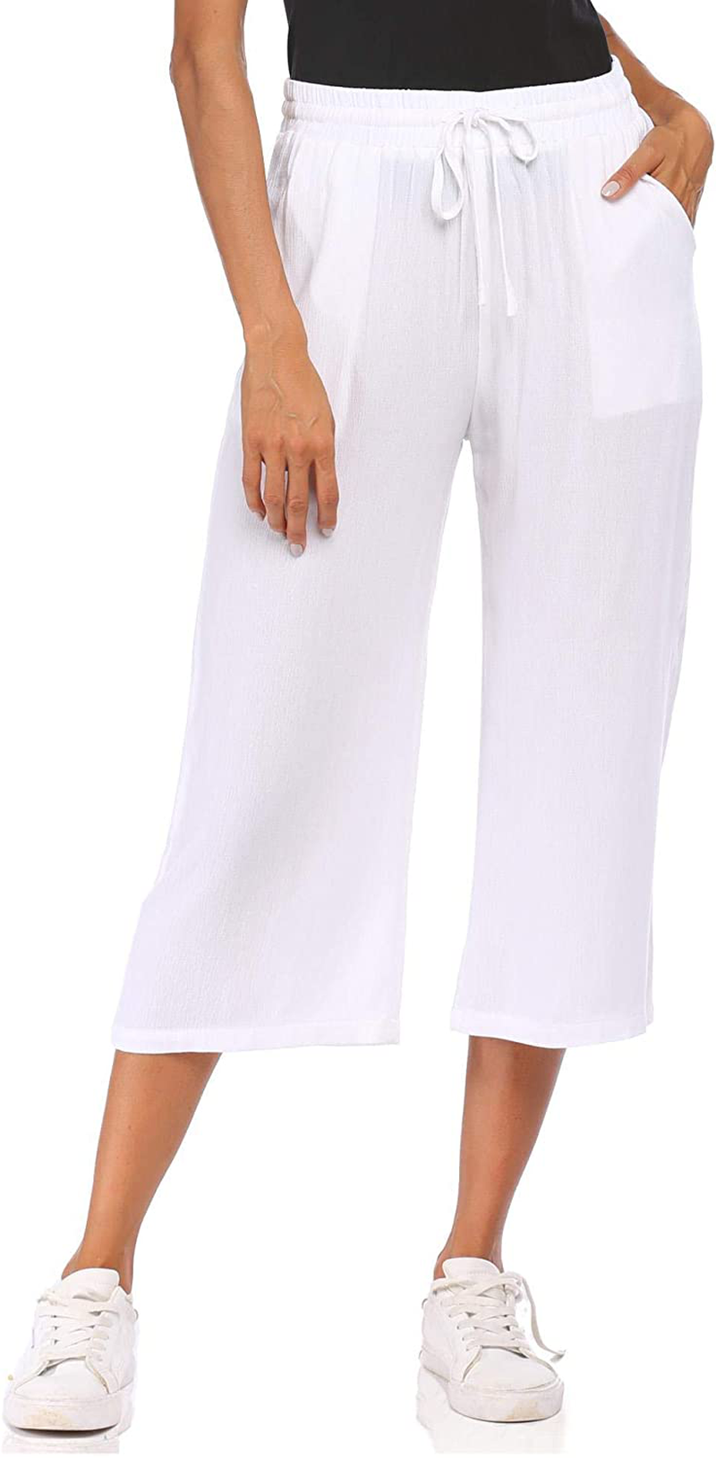 Wildtrest Women's Drawstring Cropped Wide Leg Pants Casual Loose Cotton Capri Trouser