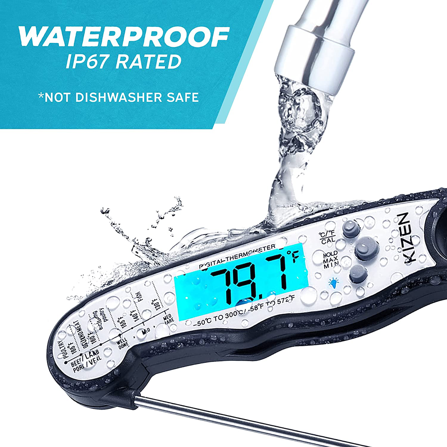 Kizen Digital Meat Thermometers for Cooking - Waterproof Instant Read Food Thermometer for Meat, Deep Frying, Baking, Outdoor Cooking, Grilling, & BBQ