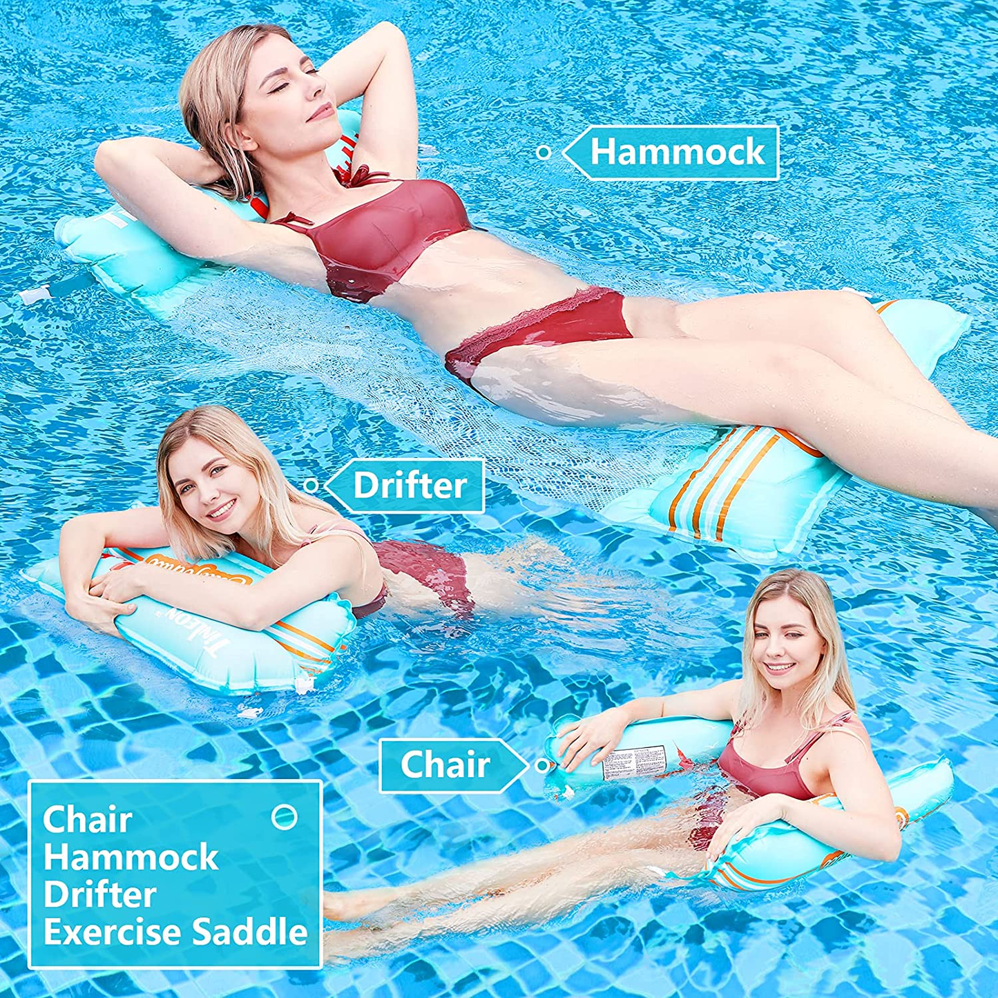 Water Hammock Pool Float: 2-Pack Swimming Inflatable Pool Float, California & Los Angeles Theme for Adult (Saddle, Lounge Chair, Hammock, Drifter) Portable Water Hammock Lounge Pool Chair
