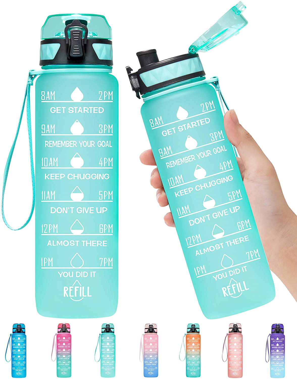 Elvira 32oz Motivational Fitness Sports Water Bottle with Time Marker & Removable Strainer,Fast Flow,Flip Top Leakproof Durable BPA Free Non-Toxic