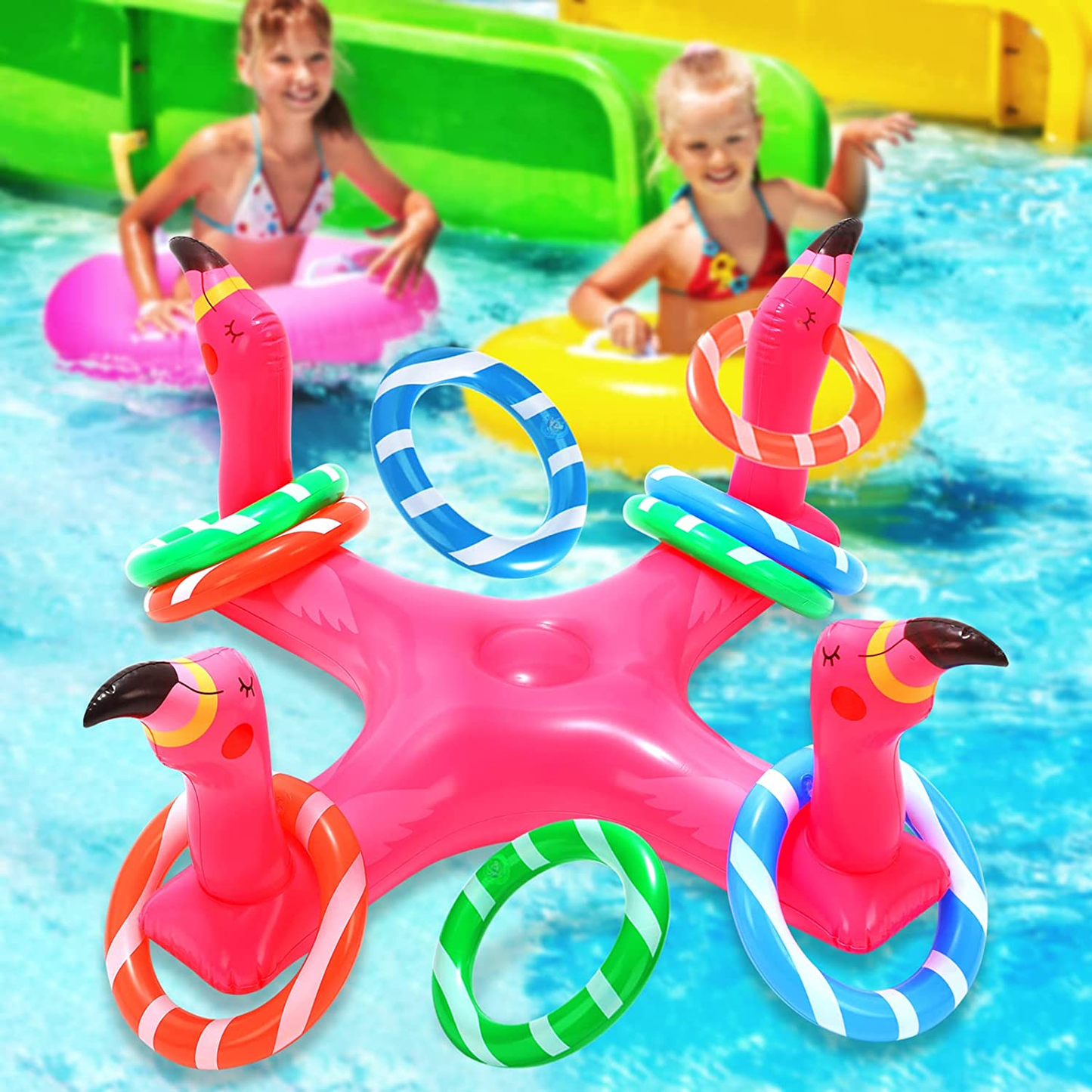 Inflatable Pool Ring Toss Games, Flamingo Pool Games Shark Pool Toys with 6Pcs Rings, Pool Ring Toss Games for Kids and Adults