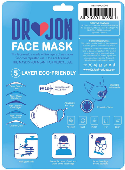 Dr Jon Face Mask 5 Layer Washable Mask W/Exhale Valve (Blue)