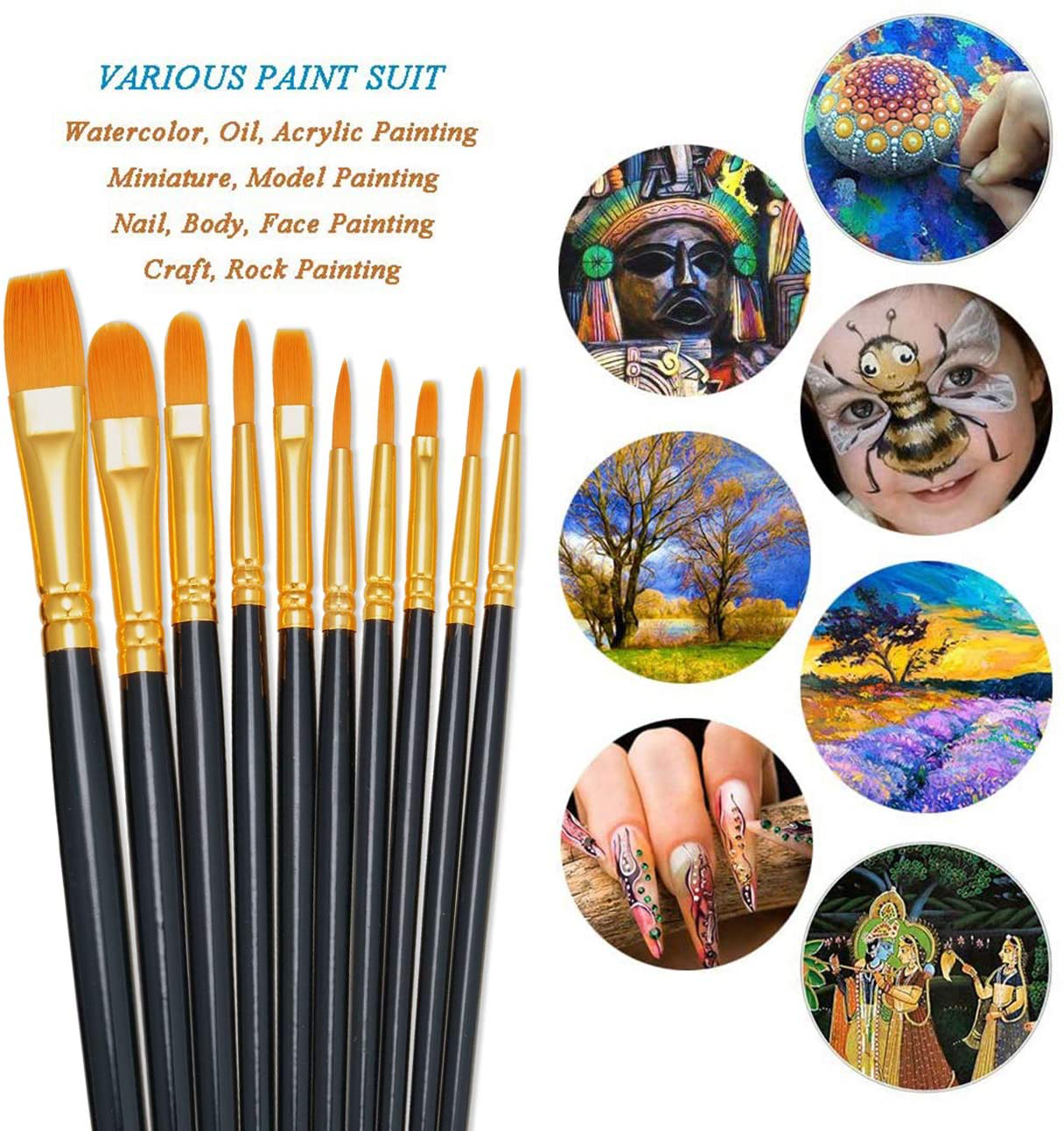 BOSOBO Paint Brushes Set, 2 Pack 20 Pcs Round Pointed Tip Paintbrushes Nylon Hair Artist Acrylic Paint Brushes for Acrylic Oil Watercolor, Face Nail Art, Miniature Detailing & Rock Painting