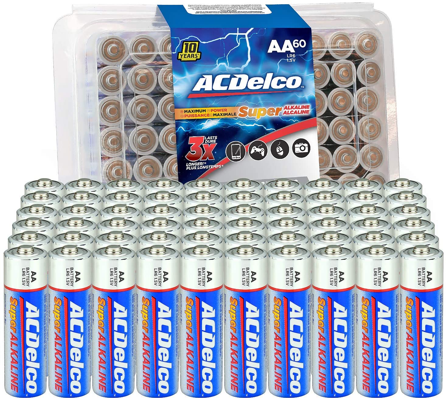 Acdelco  AA Batteries, Maximum Power Super Alkaline Battery, 10-Year Shelf Life, Recloseable Packaging, Blue