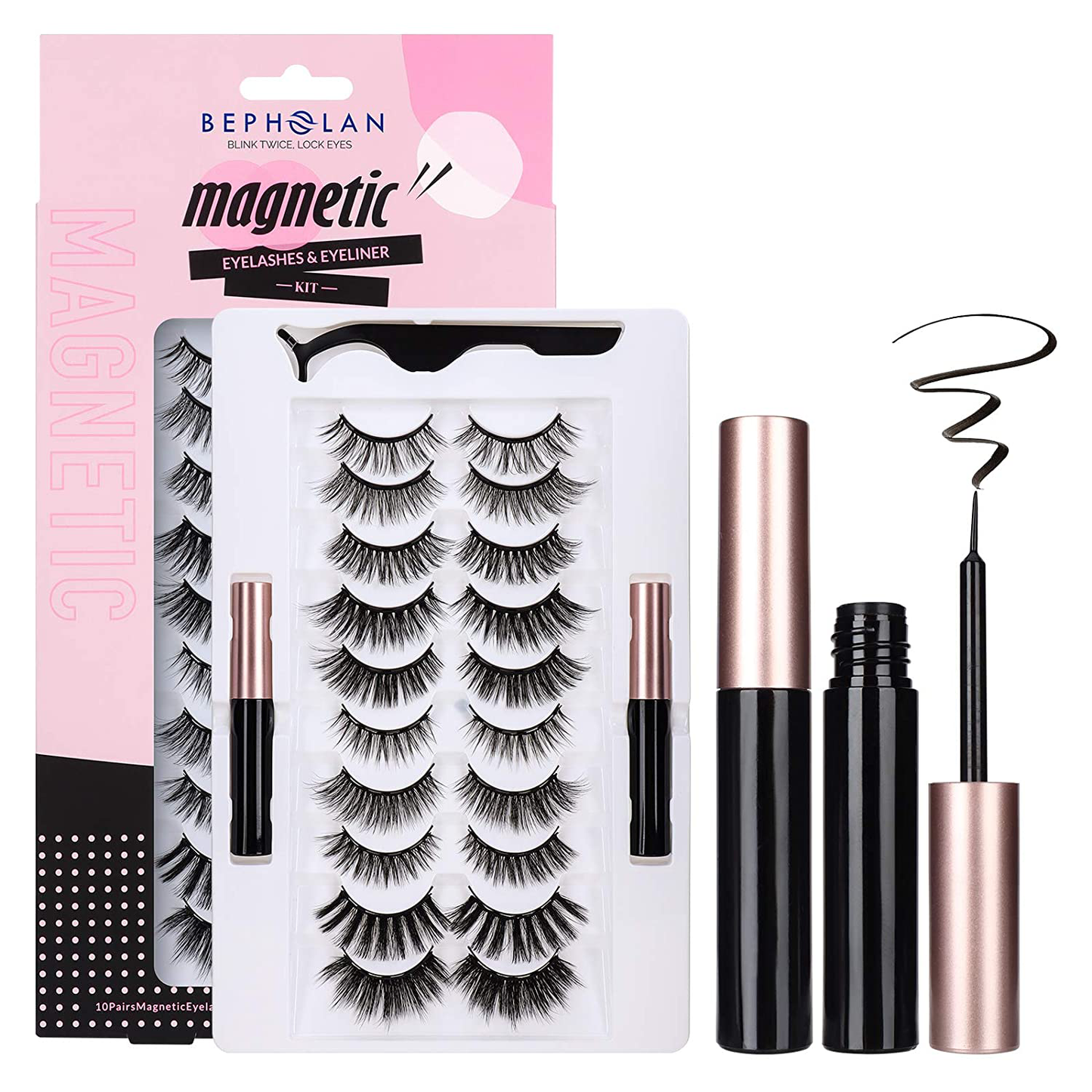 BEPHOLAN Magnetic Eyelashes with Eyeliner Kit, 5 Styles and Comes with 2 Tubes of Magnetic Eyeliner, Safe Ingredients&Comfortable, No Glue&Easy to Use, Magnetic Eyelashes Set Five